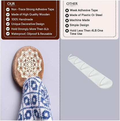 Indian Shelf 6 Lb- 6 Pieces Decorative Wood Adhesive Wall Hooks–Boho Peel and - Image 4