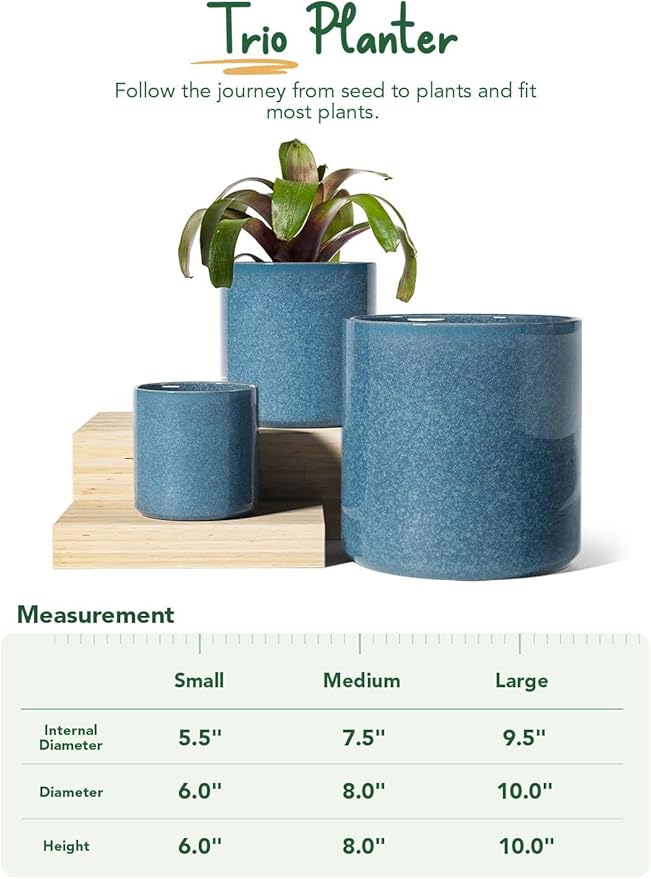 LE TAUCI Ceramic Plant Pots Indoor, 10 Inch 8 Inch 6 Inch Planters for Indoor Plants, Mid-Century Modern Flower Pots with Drainage Hole, Cylinder Round Planter Pots, Set of 3, Reactive Glaze Blue