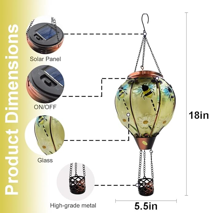 Hot Air Balloon Solar Lantern with Flickering Flame, Glass Hanging Garden Lights Outdoor Waterproof for Tree Yard Patio Mother's Day Gift, 18" H Bee