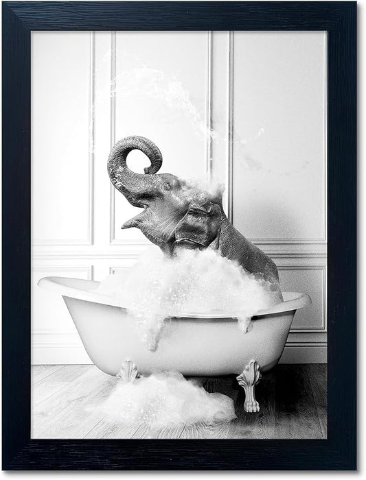 Framed Elephant Wall Art Black and White Bathroom Wall Decor Funny Animal by Melpa+Art