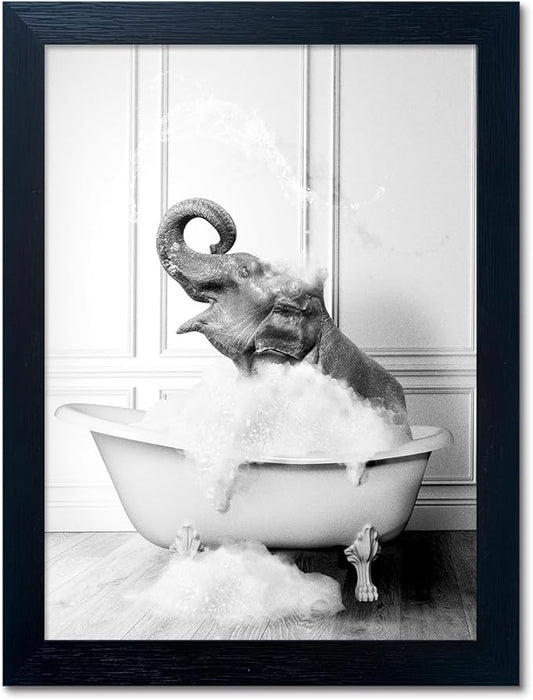 Framed Bathroom Decor Wall Art Elephant in Bathtub Pictures Wall Decor Funny by Melpa+Art