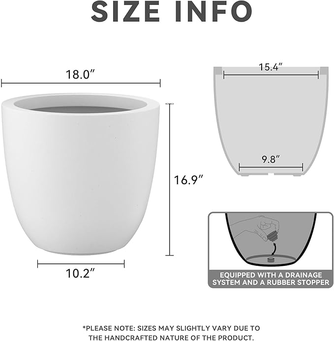 Kante 18 Inch Dia Round Concrete Planter, Indoor Outdoor Large Plant Pot with Drainage Hole and Rubber Plug for Home Patio Garden, Pure White