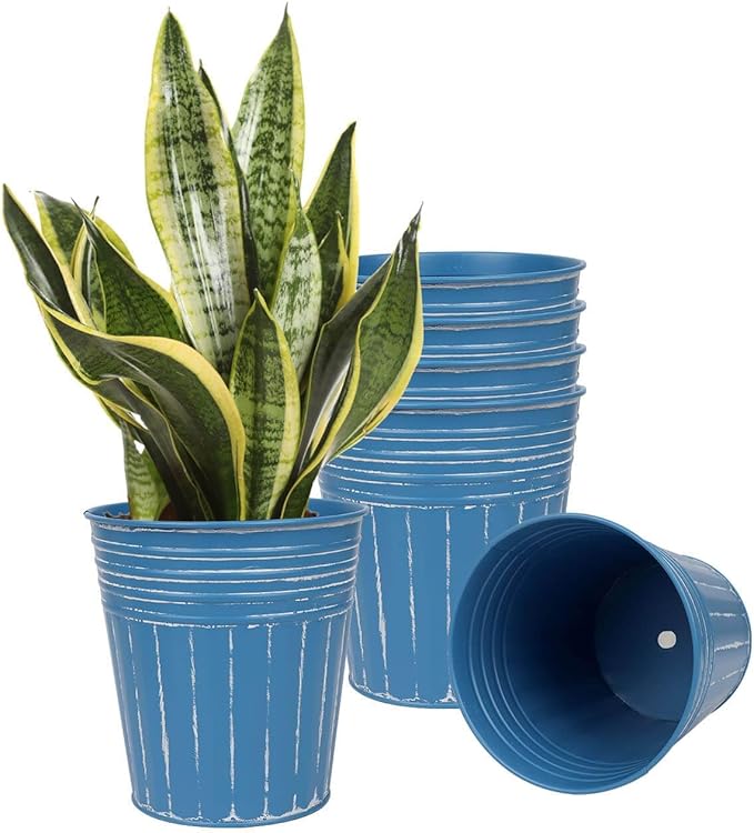 vensovo 7 Inches Blue Metal Rustic Flower Pots - 6 Pcs Medium Galvanized Planters with Drainage Hole and Rubber Plug, Rustproof Tin Bucket Plant Pot Farmhouse Vintage Style for Decor
