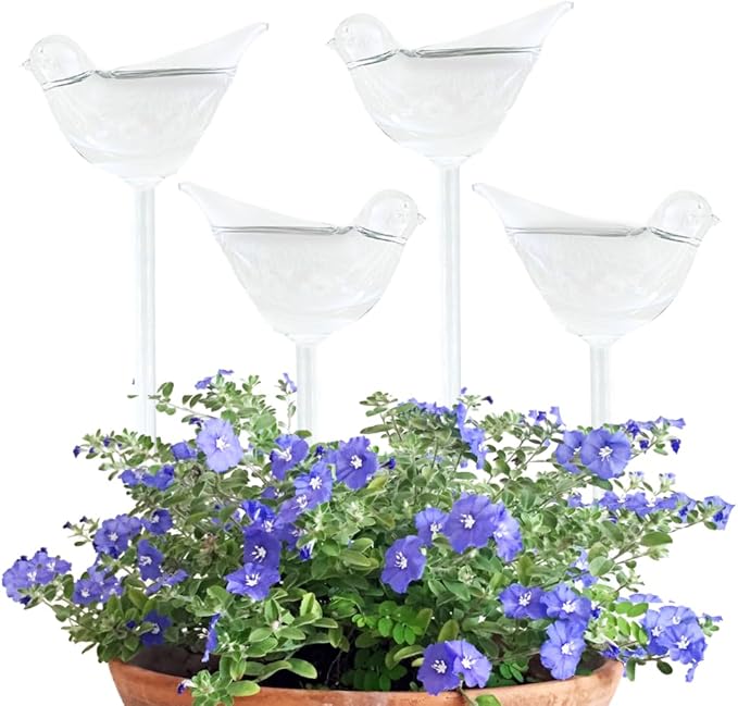 Evelots Plant Self Watering Glass Globes, Bird Shaped Bulbs (4 Pack) Automatic Water Irrigation System for Plants with Funnel, Indoor & Outdoor Use -Extra Long 9.5 Inches