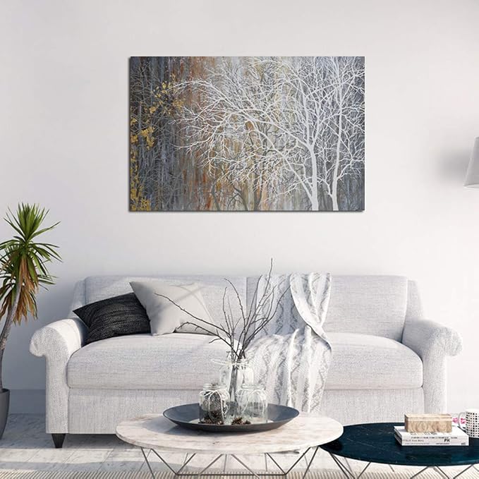 Yihui Arts Canvas Wall Art Hand Painted White Tree Pictures Brown Forest - Image 3