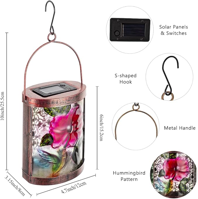 2 Pack Hummingbird Hanging Solar Lanterns Outdoor Waterproof LED Light Tabletop Glass Solar Lantern for Garden Patio