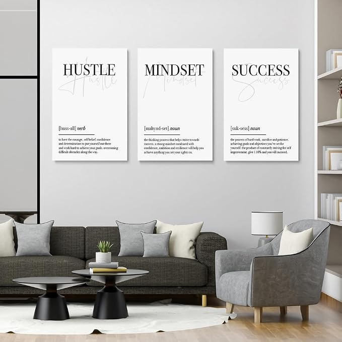 GUBIYU Hustle Mindset Success Wall Art Set of 3 Framed Canvas Black and White - Image 5