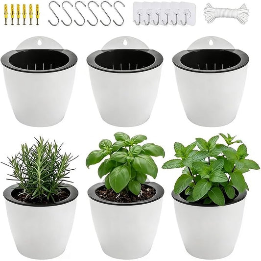 6 Pack White Hanging Planter Pots Self Watering Vertical Garden Wall Mount by OrimercGarden