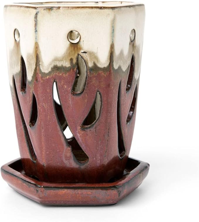 rePotme 4 x 6 inch Ceramic Orchid Pot (Honey Cream Over Copper) - Hexagon Orchid Pot with Holes