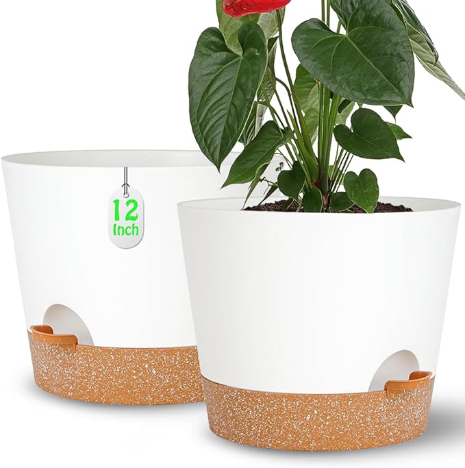 12+12Inch 2Pack Large Flower Pots for Indoor/Outdoor Plants,Self Watering Planters with Reservoir and Drainage Hole White Plastic Planting Pots Modern Home Decor Gift Idea