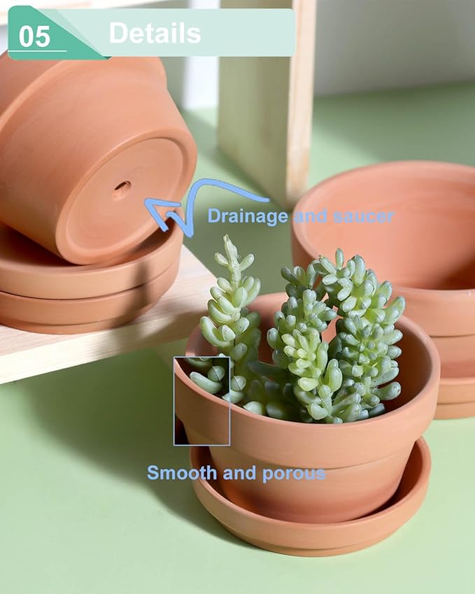 vensovo 3.7 Inch Terracotta Shallow Succulent Pots - 6 Pack Terra Cotta Clay Pot with Saucer, Cacuts Indoor and Outdoor Planters with Drainage Hole