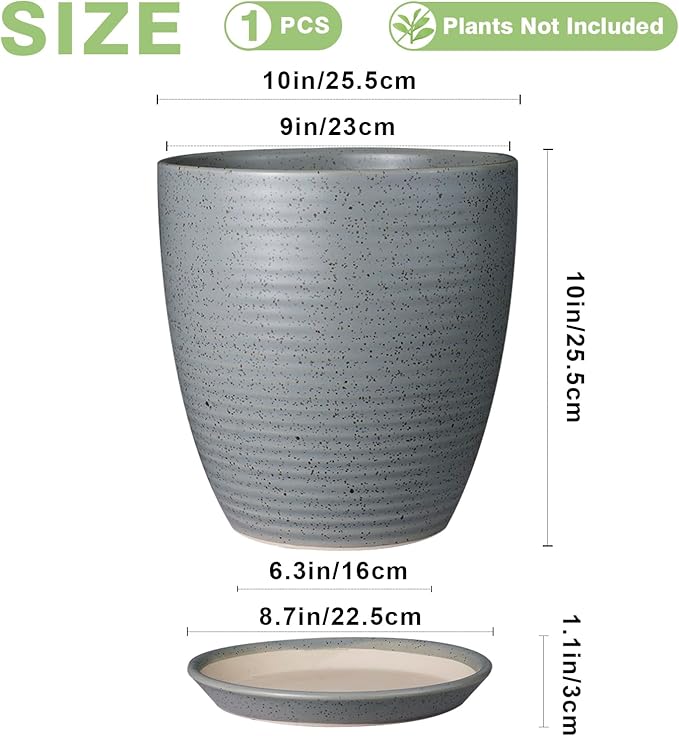 10 Inch Plant Pot, Ceramic Planters for Indoor Plants with Drainage and Saucer, Large Flower Pot for Home and Garden Decor, Light Gray
