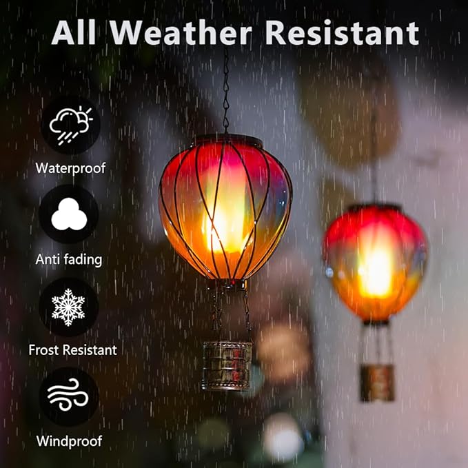 Hot Air Balloon Solar Lantern, 2 Pcs Solar Hot Air Balloon with Flickering Flame, Hanging Outdoor Lantern Waterproof Decor for Patio, Garden, Porch