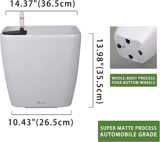 Dexceder 15x14 Self Watering Planter with Wheels Indoor Outdoor, Inner Mat Design, Thickened Large Floor Standing Flower Plant Pot with Water Level Indicator (White Matte)