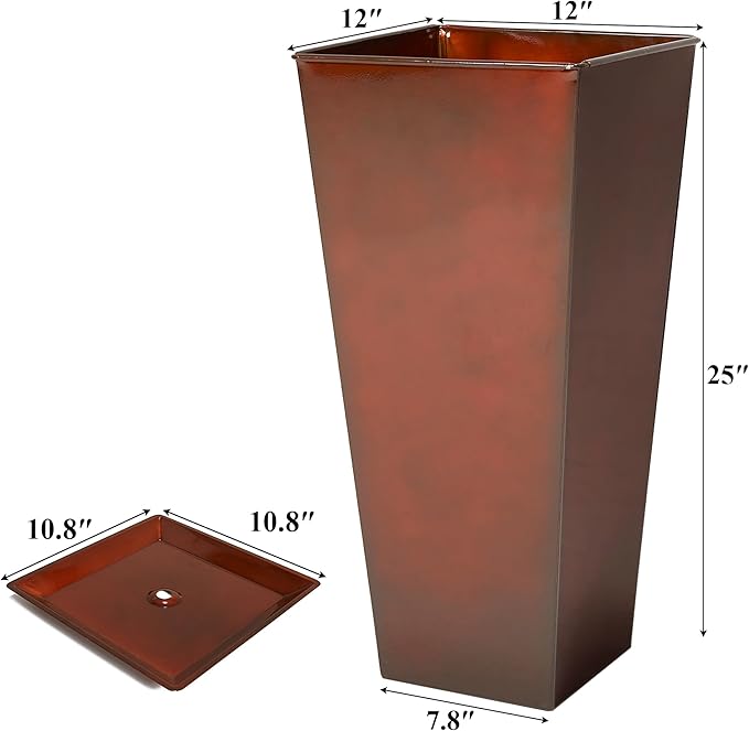WORTH Garden 25" Large Metal Glazed Planter Set of 2, Luxurious Glossy Finish Red Tall Square Tapered Steel Plant Pots, Decor Flower Pot Indoor & Outdoor, Drainage Hole & Dual-Purpose Plant Saucer