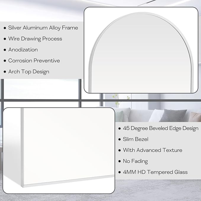 22" x 30" Silver Arched Mirror, Arch Bathroom Vanity Mirror, Modern Aluminum - Image 2