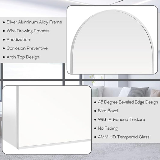 22" x 30" Silver Arched Mirror, Arch Bathroom Vanity Mirror, Modern Aluminum - Image 2