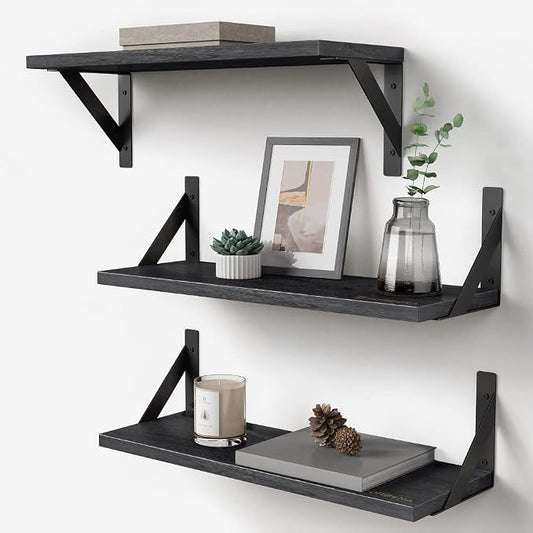 Forbena Black Floating Shelves Bathroom Set of 3, Wooden Wall Book Shelves by Forbena