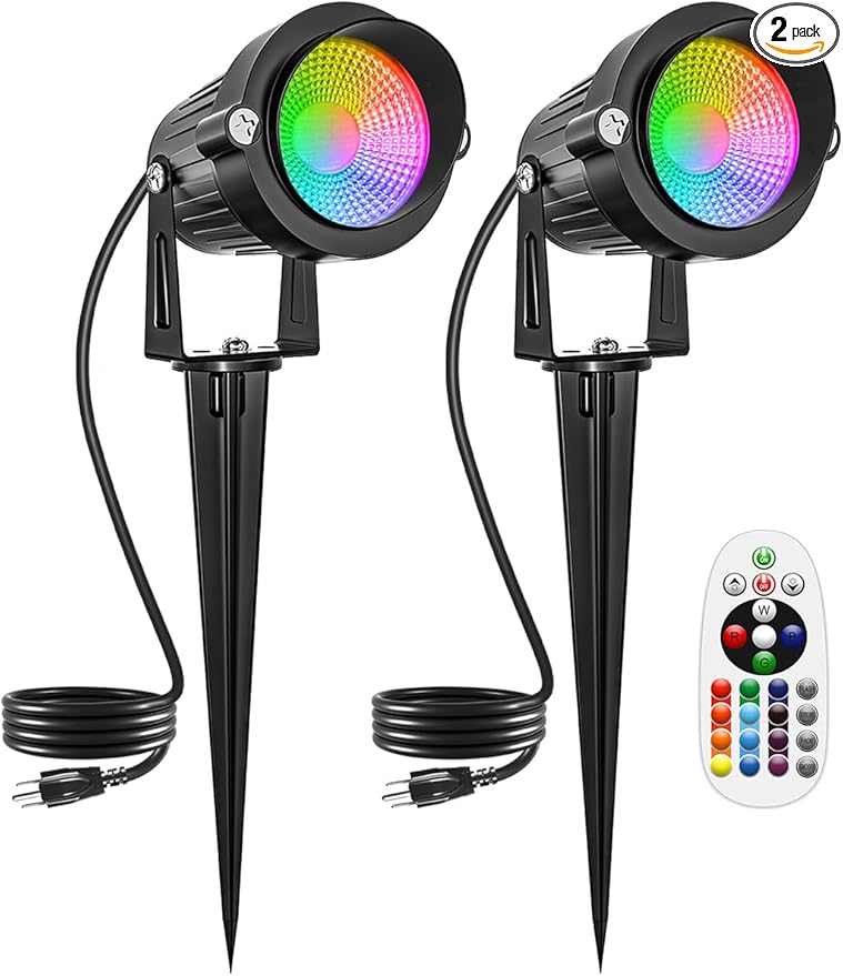 Halloween RGBW Outdoor Spotlights for Yard,10W Color Changing Landscape Lights with Remote Control 120V LED Landscape Lighting Waterproof Spotlight with Plug Tree Garden Path Decoration (2Pack)