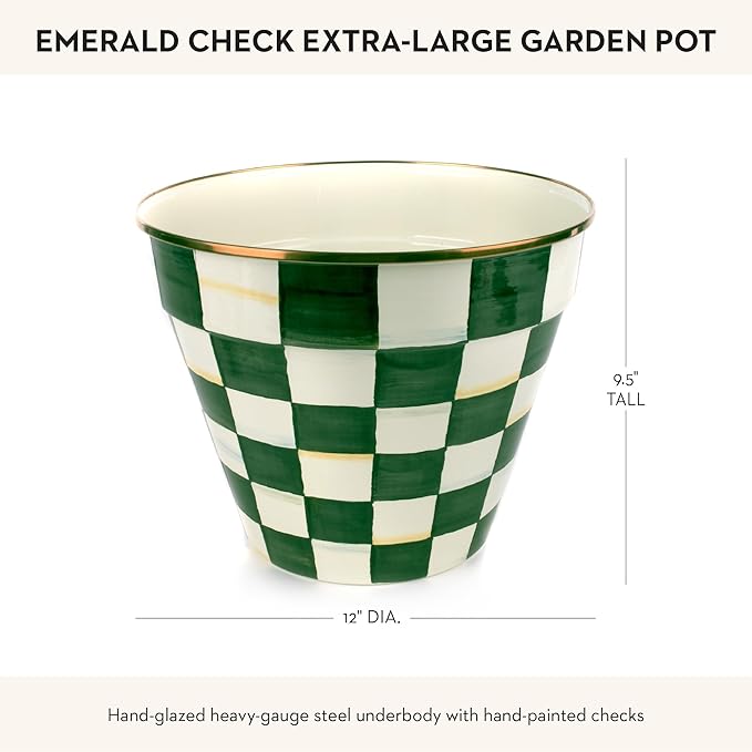MACKENZIE-CHILDS Enamel Garden Pot, Decorative Pot for Plants, Outdoor Flowerpot Decor, Extra Large, Green-and-White Emerald Check