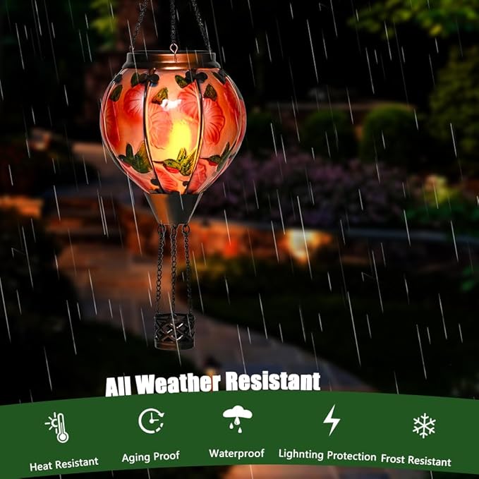 Hot Air Balloon Solar Lantern - Simulated Flickering Flame Hummingbird Glass Lantern, Outdoor Hanging Yard Light Waterproof IP65 & Weather Resistant for Garden Patio Lawn Porch Decor Gfit