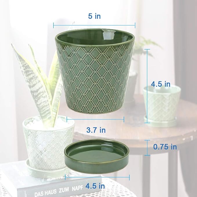 Plant Pots Indoor –5 inch Ceramic Flower Pot with Drainage Hole and Ceramic Tray - Gardening Home Desktop Office Windowsill Decoration Gift, Set of 4-Plants NOT Included (Patina)