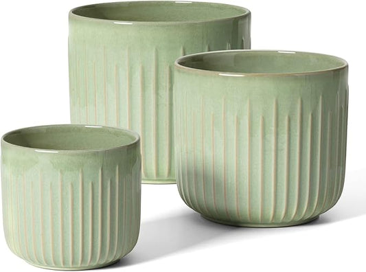 LE TAUCI Fluted Ceramic Planters Set of 3 – 8.3/7 / 5.7 in Sage Green Reactive Cylinder Indoor Plant Pots with Drainage Plug & Mesh, Glossy Stoneware Flower Pots for Succulents Herbs