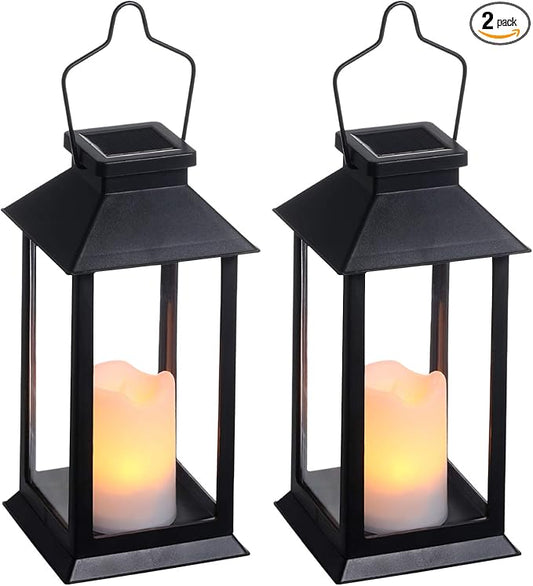2 Pack Solar Lanterns, Outdoor Garden Hanging Lanterns, 11.8 Inch LED Flickering Flameless Candle Mission Lights for Yard, Table, Patio (Black)