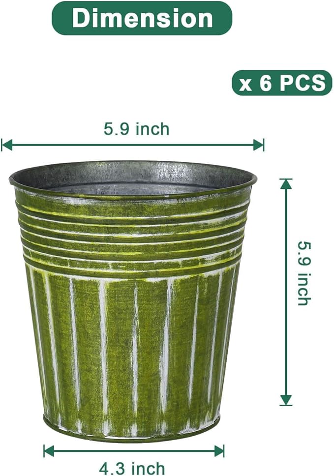 vensovo 6 Inch Kelly Green Metal Rustic Flower Pots - 6Pcs Medium Galvanized Planters with Drainage Hole and Rubber Plug, Rustproof Metal Bucket Plant Pots Farmhouse Vintage Style for Decor