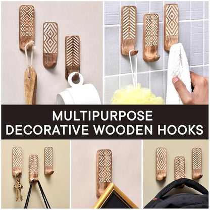 IndianShelf 10 LB- 12 Pieces Decorative Wood Adhesive Wall Hooks–Boho Peel and - Image 5
