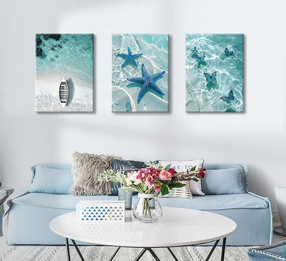 weiyiart Blue Ocean Canvas Wall Art Coastal Starfish Painting Prints Beach - Image 6