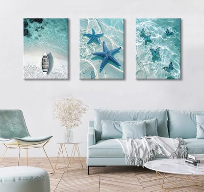 weiyiart Blue Ocean Canvas Wall Art Coastal Starfish Painting Prints Beach - Image 2