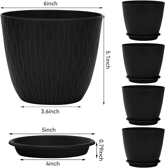 Plant Pots – 6 Inch Planters with Drainage Holes and Saucers, Flower Pots for Indoor and Outdoor Plants, Nursery Planting Pots (Pack of 5, Black)