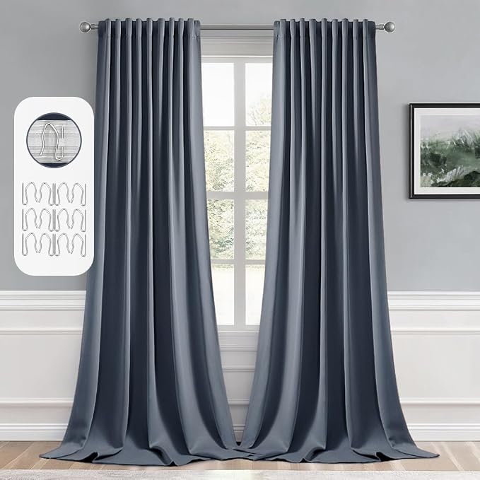 MIULEE Stone Blue Back Tab Blackout Curtains 120 Inch Long 2 Panels Set by MIULEE