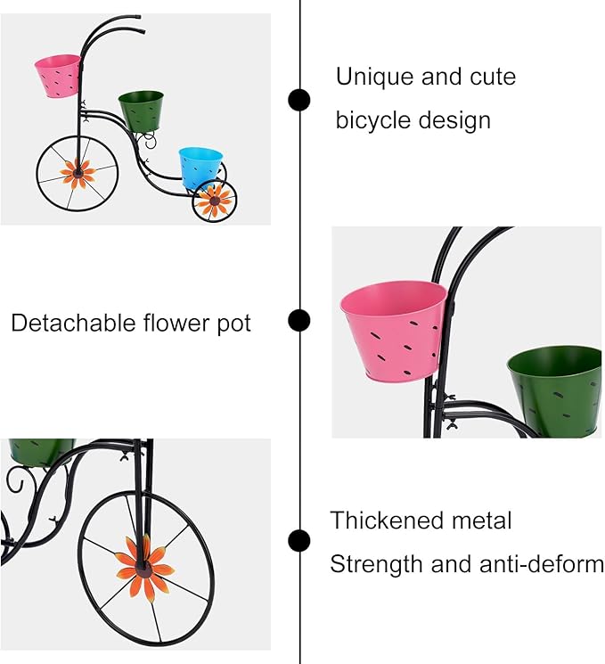 LEWIS&WAYNE Metal Tricycle Planter, 3 Tier Floral Flower Plant Stand Holder Hand Painted Outdoor Garden Patio Decor
