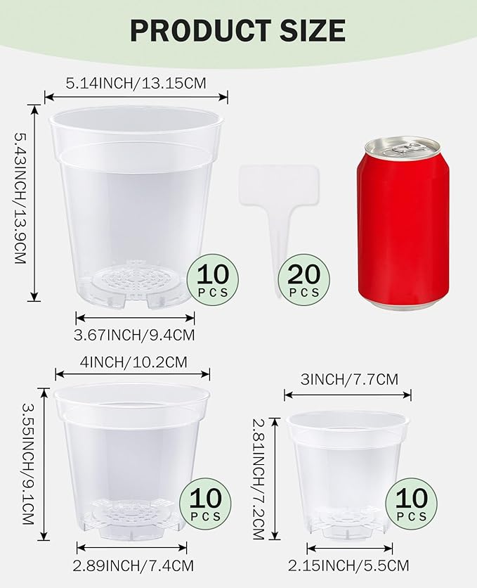 homenote Clear Nursery Pots for Plants,4 Inch Plant Pot for Planting Plastic Seedling with Drainage Holes Seed Starter Flower High Transparency 20 Labels Exclusive Material Excellent Hardness(30 Pack)