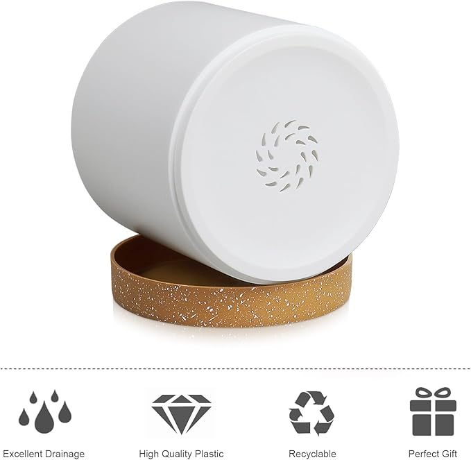 5 Pack Cylindrical Flower Pots with 7/6.5/6/5/4 inch, Modern Small Plastic Plant Pots with Drainage Holes & Saucers, Round Planter Pots for Outdoor, Indoor & Office Decor (White Brown)