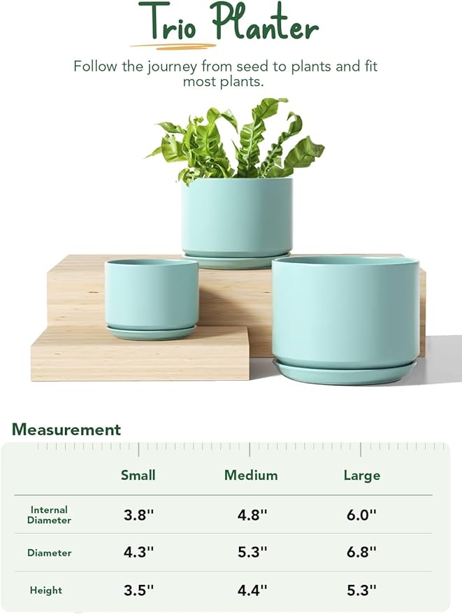 LE TAUCI Ceramic Plant Pots, 4.3+5.3+6.8 inch, Set of 3, Planters with Drainage Hole and Saucer, Indoor Flower Pot with Hole Mesh Pad, Gifts for Mom, Aqua