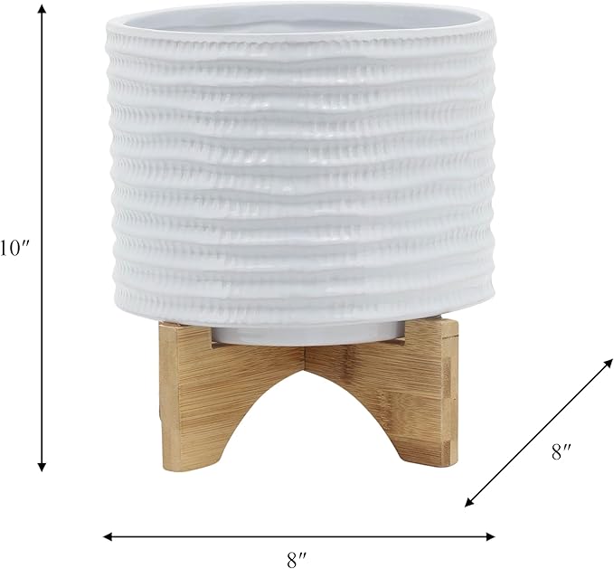 8" Ceramic Planter Stand, White with Wooden Base, Indoor/Outdoor Planter with Stand for Your Succulents and Small Plants, White Planter