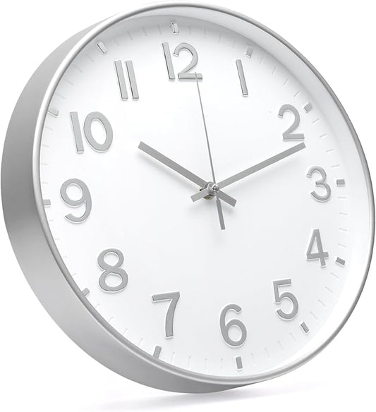 Wall Clock 12 In White-Silver Modern Simple Quartz Decorative Clock Non-Ticking - Image 2