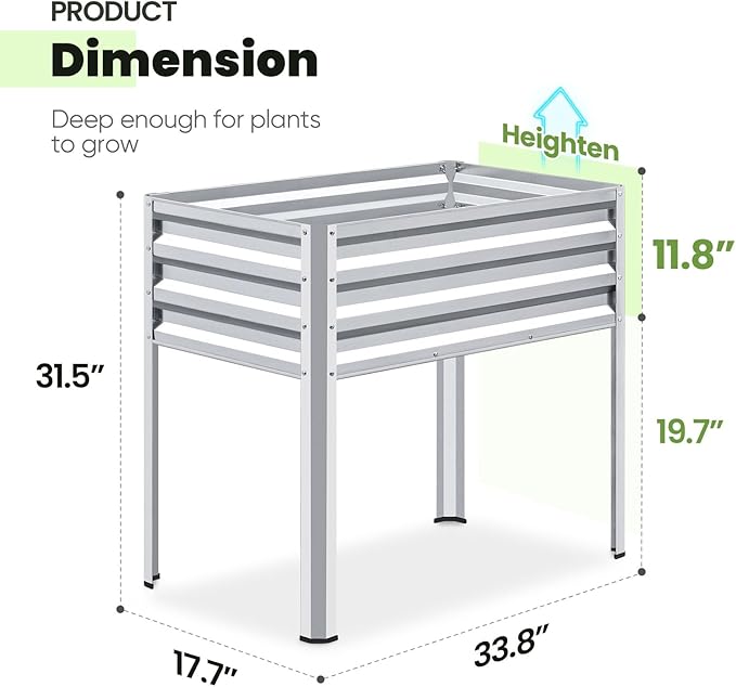 KING BIRD Raised Garden Bed with Legs Galvanized Elevated Planter Box for Backyard, Patio, Balcony, 33.9x17.7x31.5in, Silver