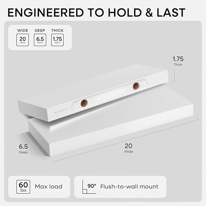 Homeforia White Floating Shelf 20 inch, High End Solid Real Wood 20inch - Image 2