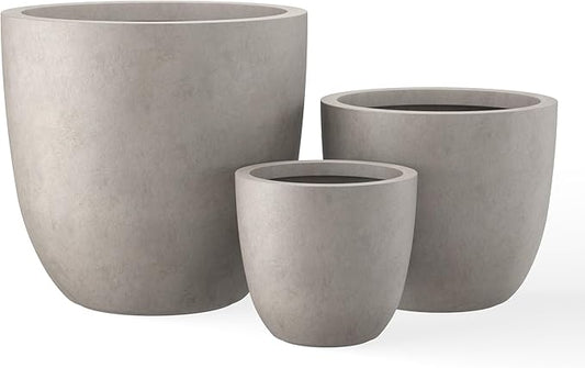 Kante 18",14",10" Dia Concrete Round Planters (Set of 3), Outdoor Indoor Large Planter Pots with Drainage Hole and Rubber Plug for Home Patio Garden, Weathered Concrete