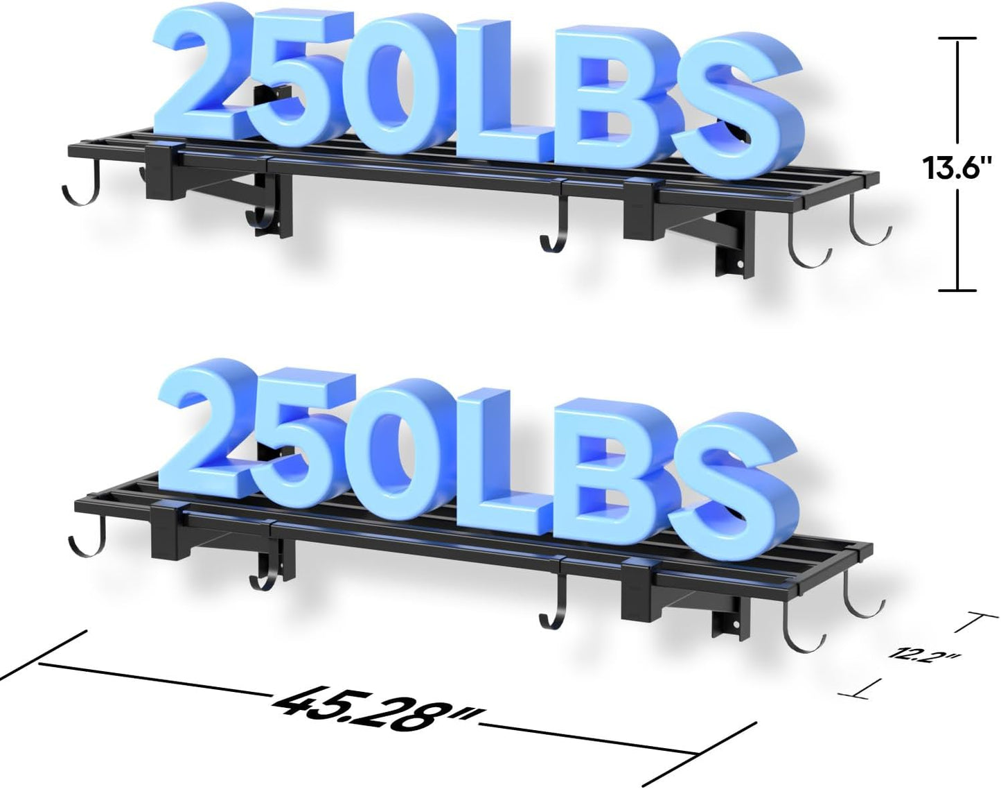 2-Pack Garage Wall Shelving, Heavy Duty Garage Storage Shelving With Hooks, Shelving Wall Mounted Holds 250 lbs Each,Black