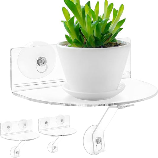 2-Pack Acrylic Window Plant Shelves with Suction Cups & Support Brackets - Semicircular Window Sill Extender for Herb Pots, Succulents, Flower Boxes, Micro Greens | Indoor/Outdoor Use