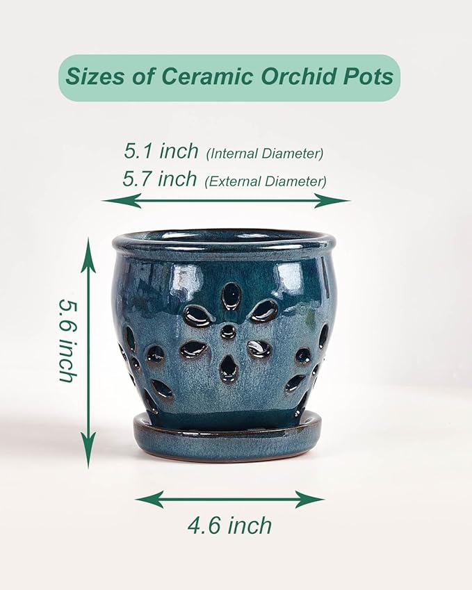 vensovo 5 Inch Ceramic Orchid Pots with Holes and Saucers - 1 Pcs Small Succulent Pot for Repotting, Garden Flowerpots for Plants Indoor and Outdoor Promotes Air Circulation, Blue