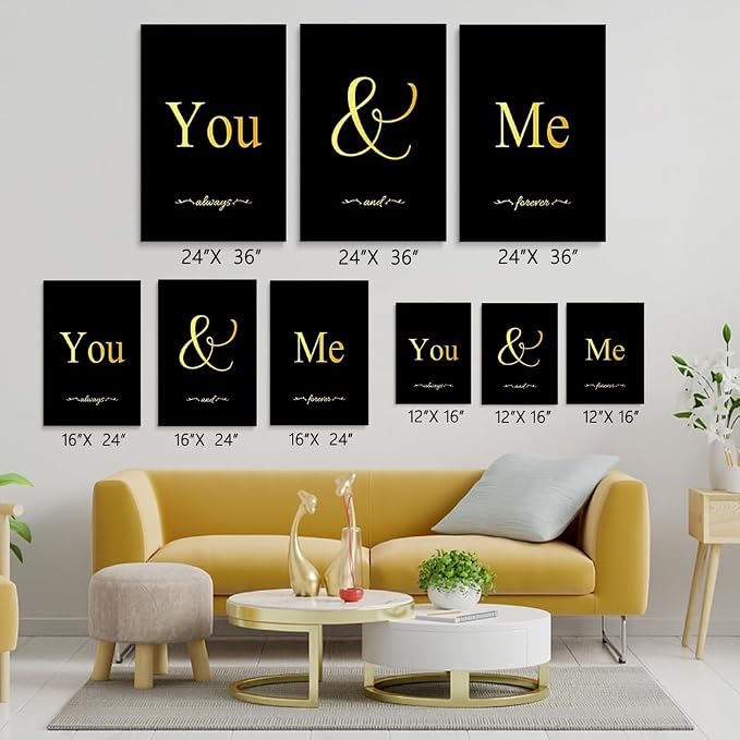 GUBIYU Black and Gold Bedroom Art Love Wall Decor You and Me Word Canvas Poster - Image 2