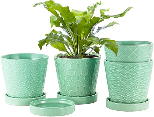 EFISPSS Flower Planter –5 inch Ceramic Plant Pots with Drainage Holes and Ceramic Tray - Gardening Home Desktop Office Windowsill Decoration Gift Set of 4 - Plants NOT Included