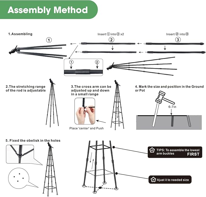 2 Pack Garden Obelisk Trellis for Climbing Plants Outdoors, 65 Inch Rustproof Plant Stand Climbing Support with Adjustable Heights for Indoor Potted Plants, Vines, Flowers Stands, Vegetables