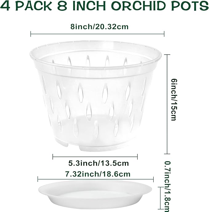 Orchid Pot, 8 Inch 4 Pack Orchid Pots with Holes and Saucers, Clear Plastic Orchid Pots